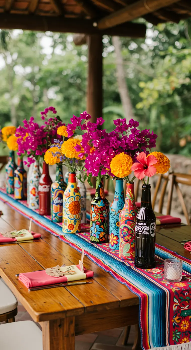 Mesa de fiesta mexicana con botellas pintadas de colores vivos y flores de buganvilla.