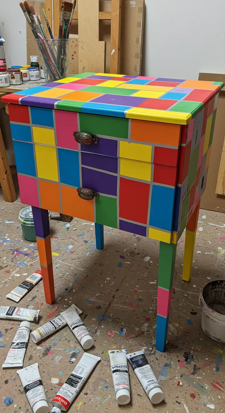 Mesita de noche pintada con un patrón de bloques de colores vibrantes, estilo Mondrian