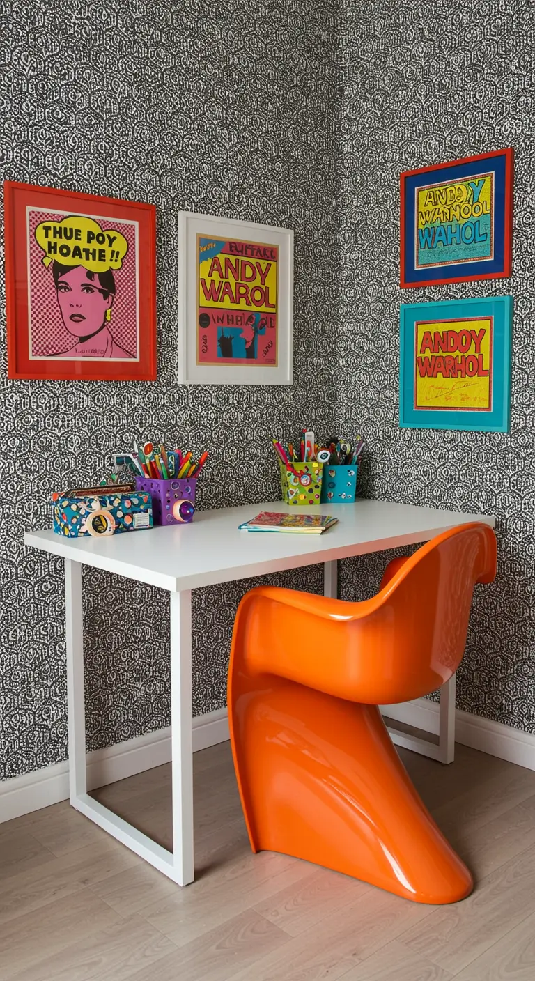 Rincón de estudio Pop Art con papel pintado gráfico, escritorio blanco, silla naranja y cuadros de Warhol.