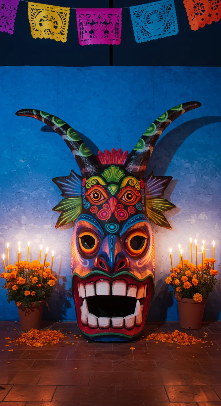 Máscara de alebrije muy colorida, de inspiración mexicana, rodeada de flores de cempasúchil.