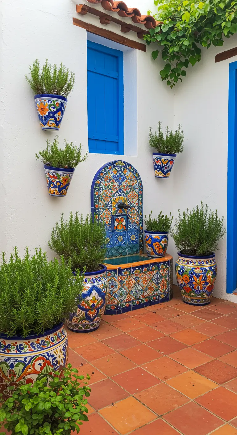 Patio de estilo andaluz con paredes blancas, macetas de cerámica coloridas con romero y una fuente de azulejos