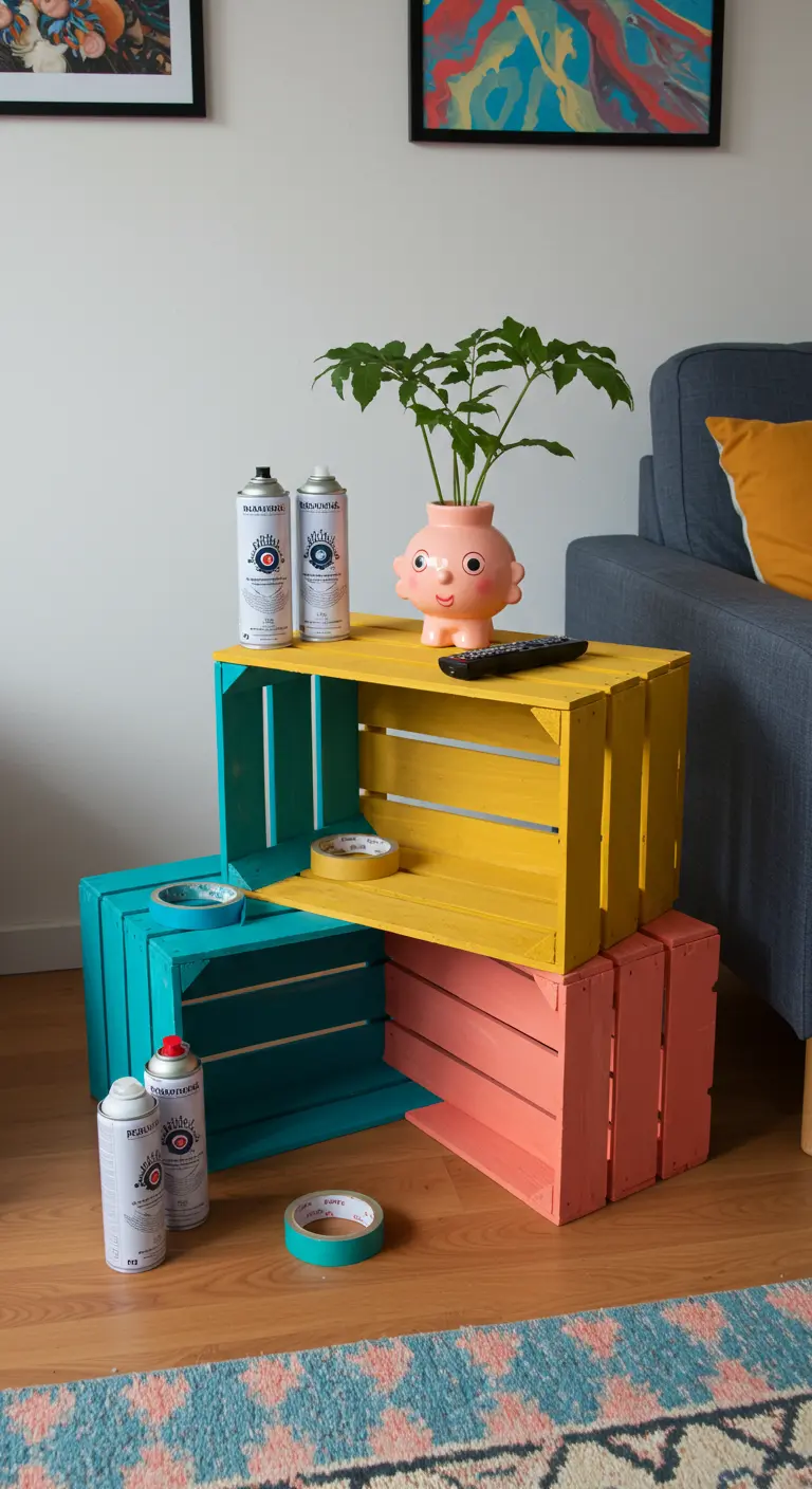 Mesa auxiliar hecha con cajas de madera pintadas en amarillo, coral y turquesa.
