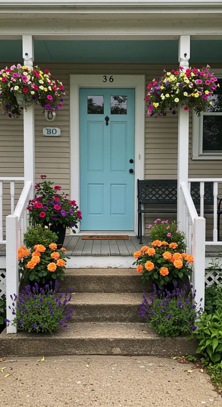 Entrada con puerta azul turquesa, cestas colgantes de flores de colores y macetas con rosas naranjas.