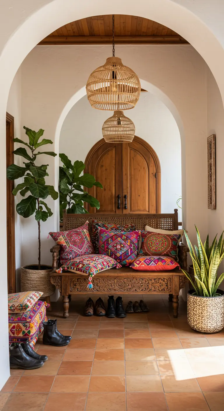 Recibidor de estilo bohemio con banco de madera tallada y cojines de múltiples colores y estampados.