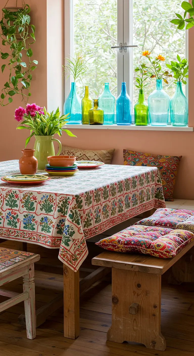 Comedor bohemio con mantel estampado, cojines coloridos y botellas de vidrio de colores en la ventana.