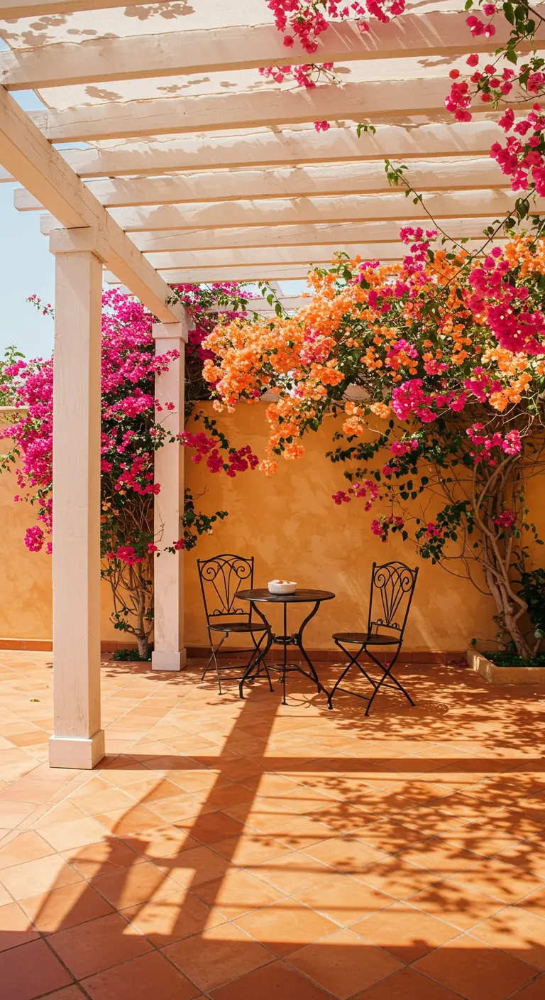 Pérgola blanca con vigas de madera sobre una terraza de baldosas con buganvillas fucsias y naranjas.