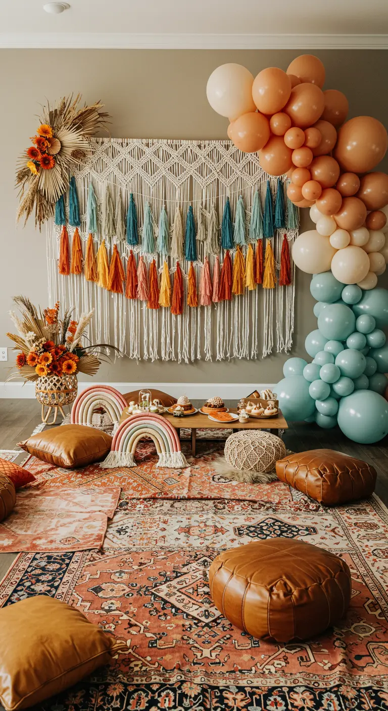 Fondo de macramé con borlas de colores, globos y cojines en el suelo.