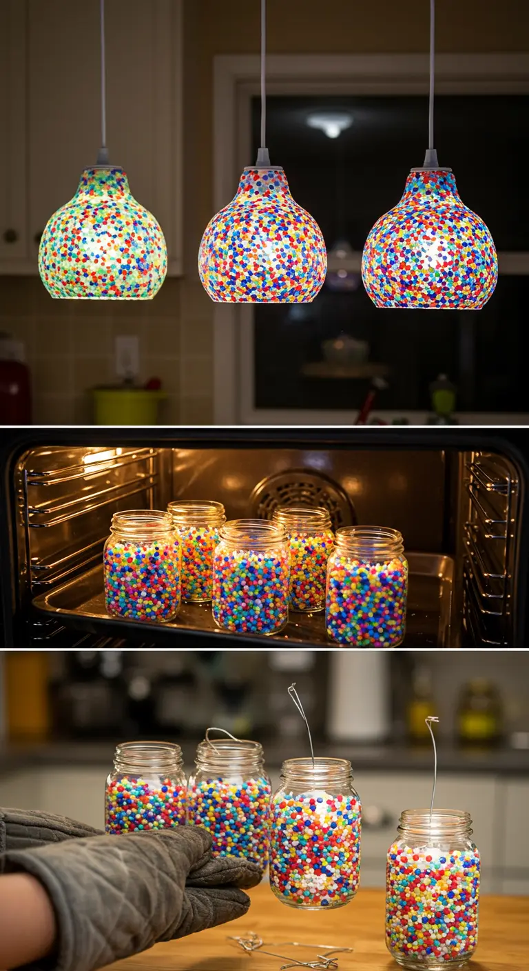 Proceso de creación de lámparas con frascos cubiertos de cuentas de plástico de colores derretidas en el horno.