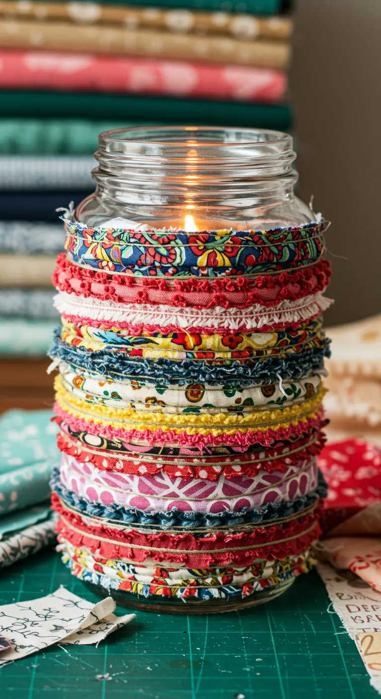 Portavelas de frasco cubierto con múltiples capas de tiras de tela de colores y estampados variados.