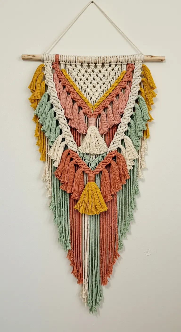 Tapiz de macramé muy colorido con borlas en tonos mostaza, rosa, terracota y verde menta.