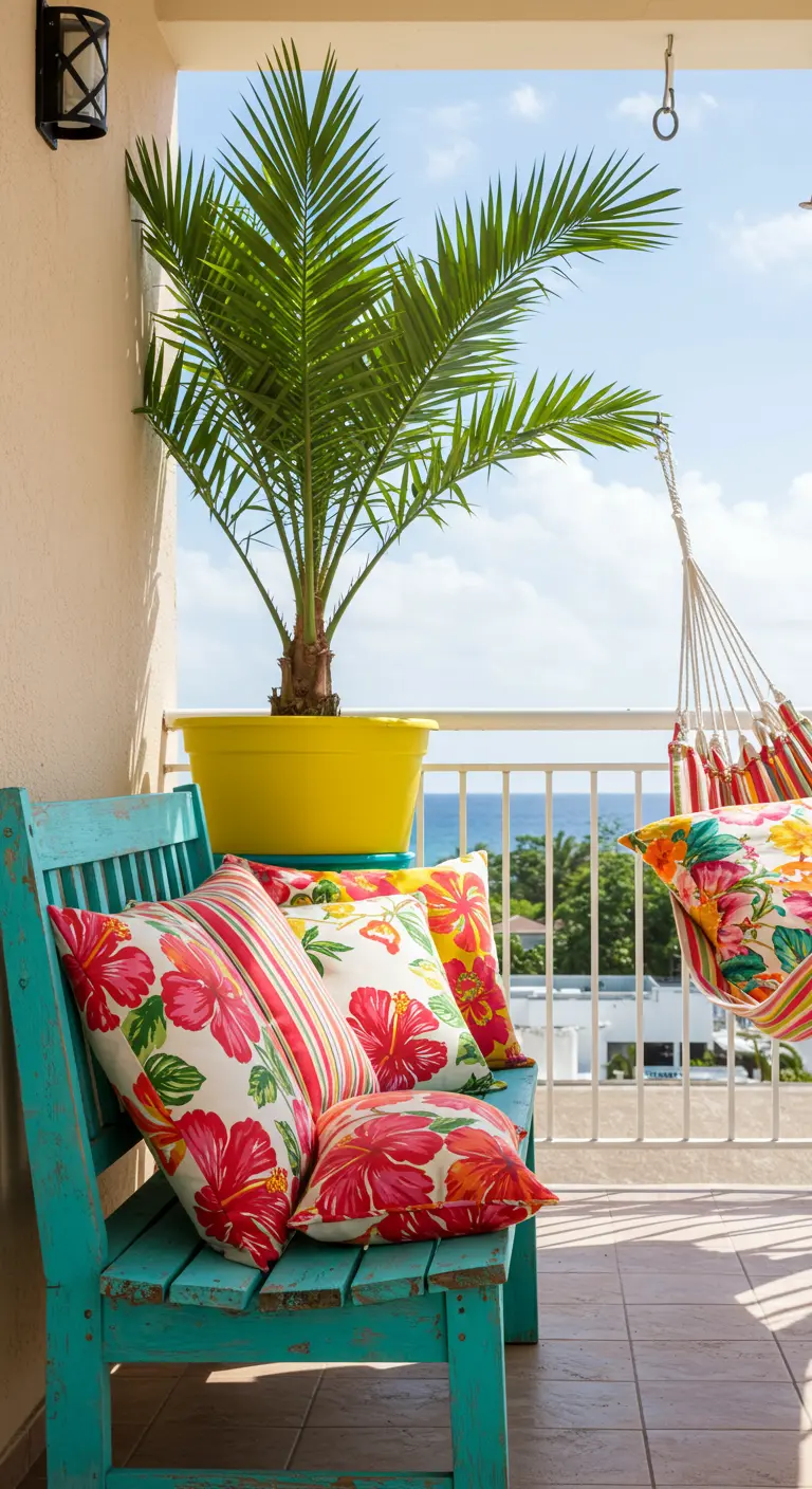 Balcón alegre con banco turquesa, cojines de flores y palmera en maceta amarilla