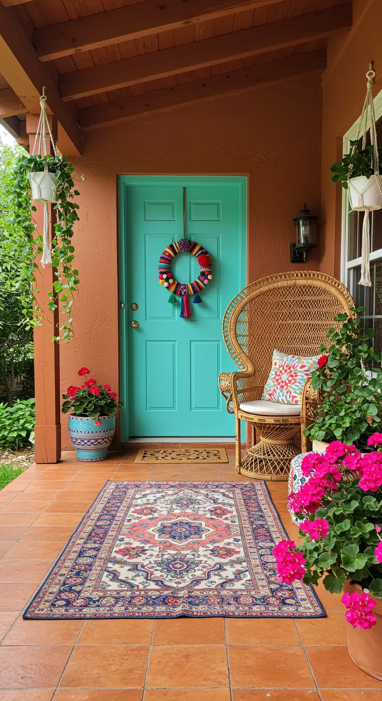 Porche de estilo bohemio con puerta turquesa, corona de pompones, silla de mimbre y alfombra colorida