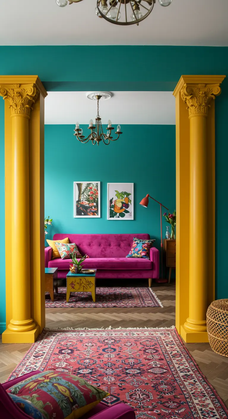 Dos columnas corintias pintadas de amarillo mostaza intenso enmarcan una sala con un sofá fucsia
