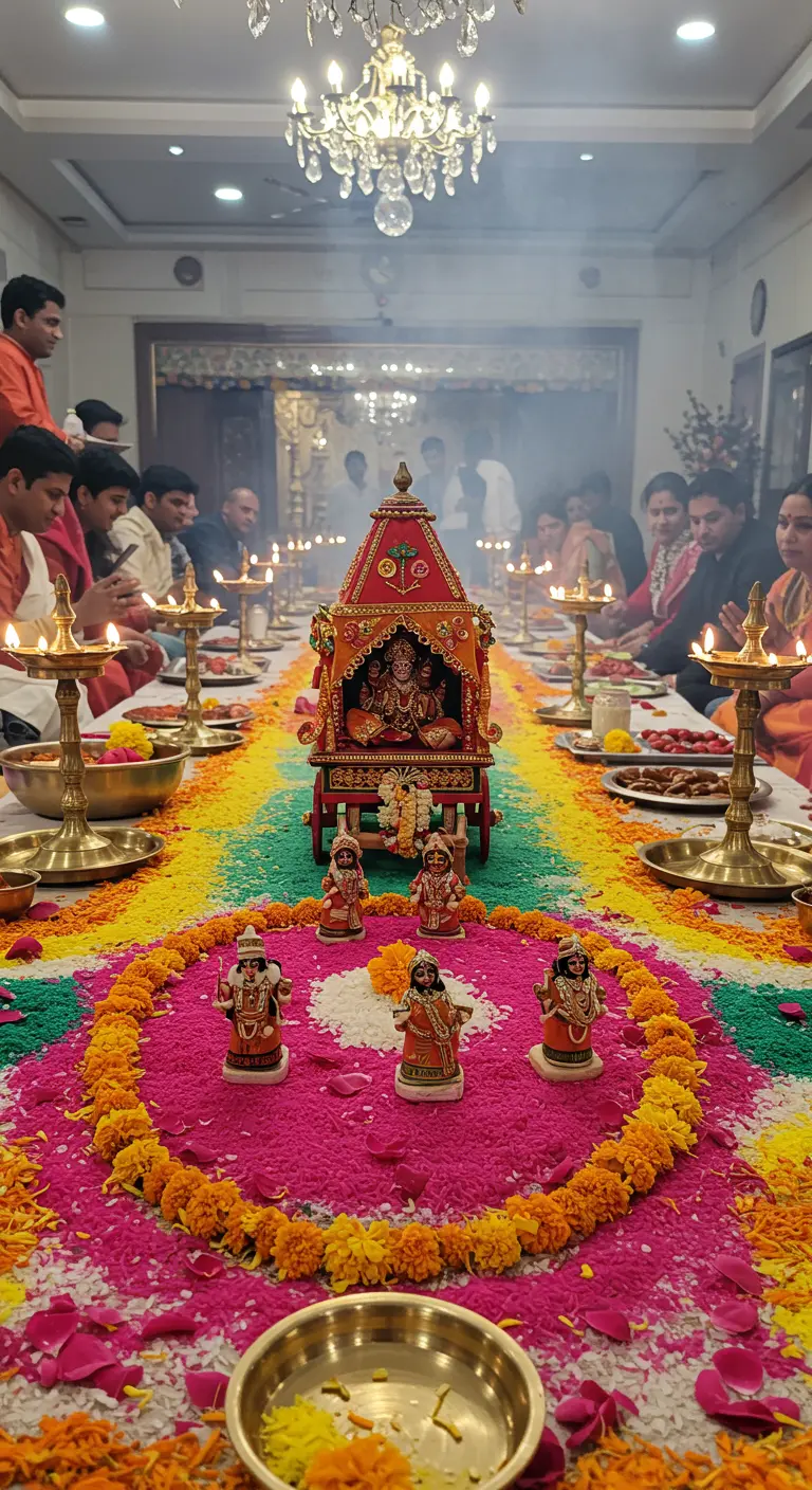 Mesa de celebración hindú con un carro ceremonial y un camino de polvos de colores.