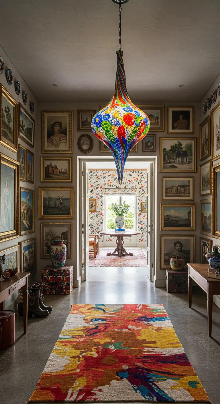 Lámpara colgante de cristal de Murano de colores en un pasillo con paredes llenas de cuadros.