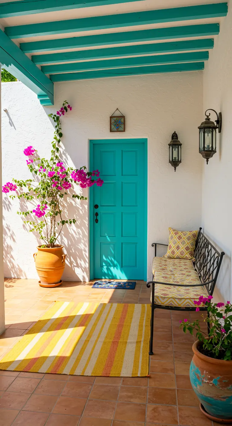 Porche luminoso con puerta turquesa, buganvilla fucsia, alfombra a rayas y un banco de forja