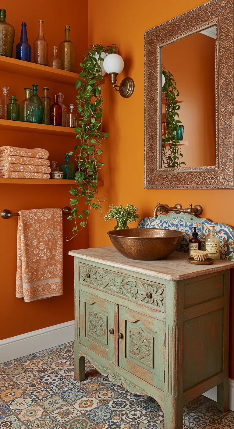 Baño ecléctico con paredes naranjas, mueble verde y lavabo de cobre.