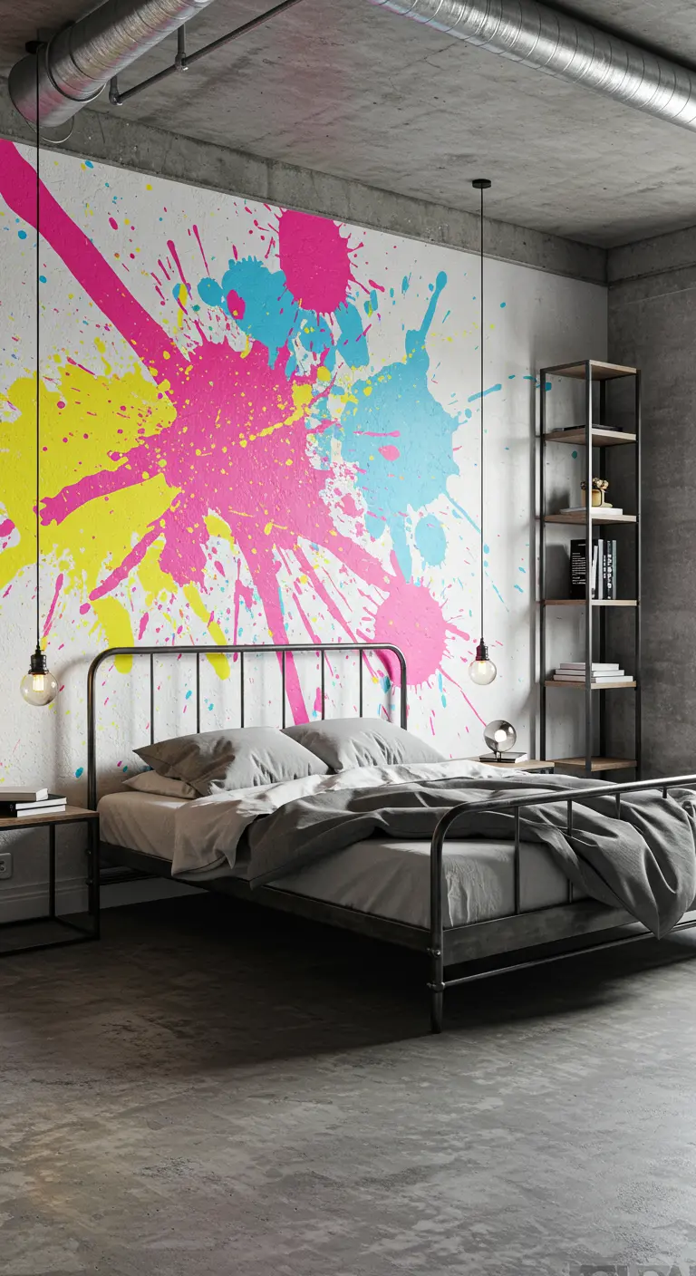 Dormitorio industrial de los 80 con una pared de acento con un grafiti de salpicaduras de pintura.