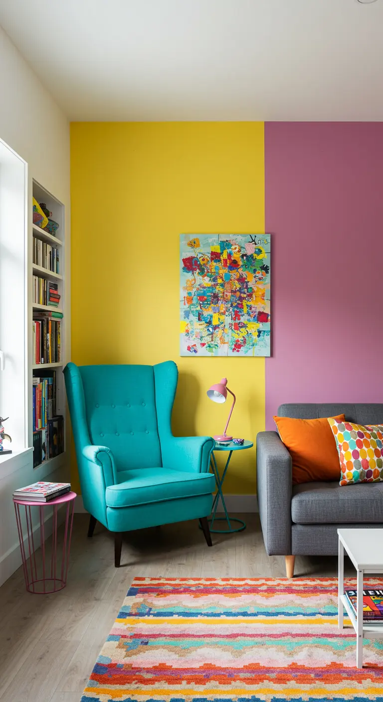 Rincón de lectura vibrante con paredes pintadas de amarillo y lila, y un sillón turquesa.