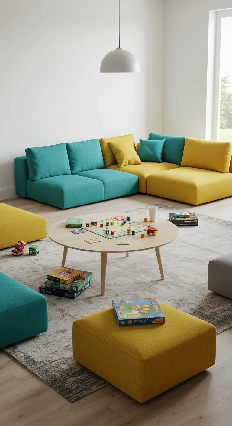 Sofá modular en bloques de color turquesa y amarillo en una sala de juegos familiar.