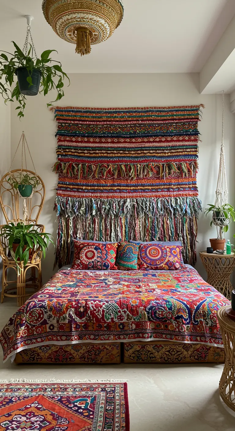 Un tapiz textil muy colorido y con flecos colgado en la pared sobre la cama como cabecera.