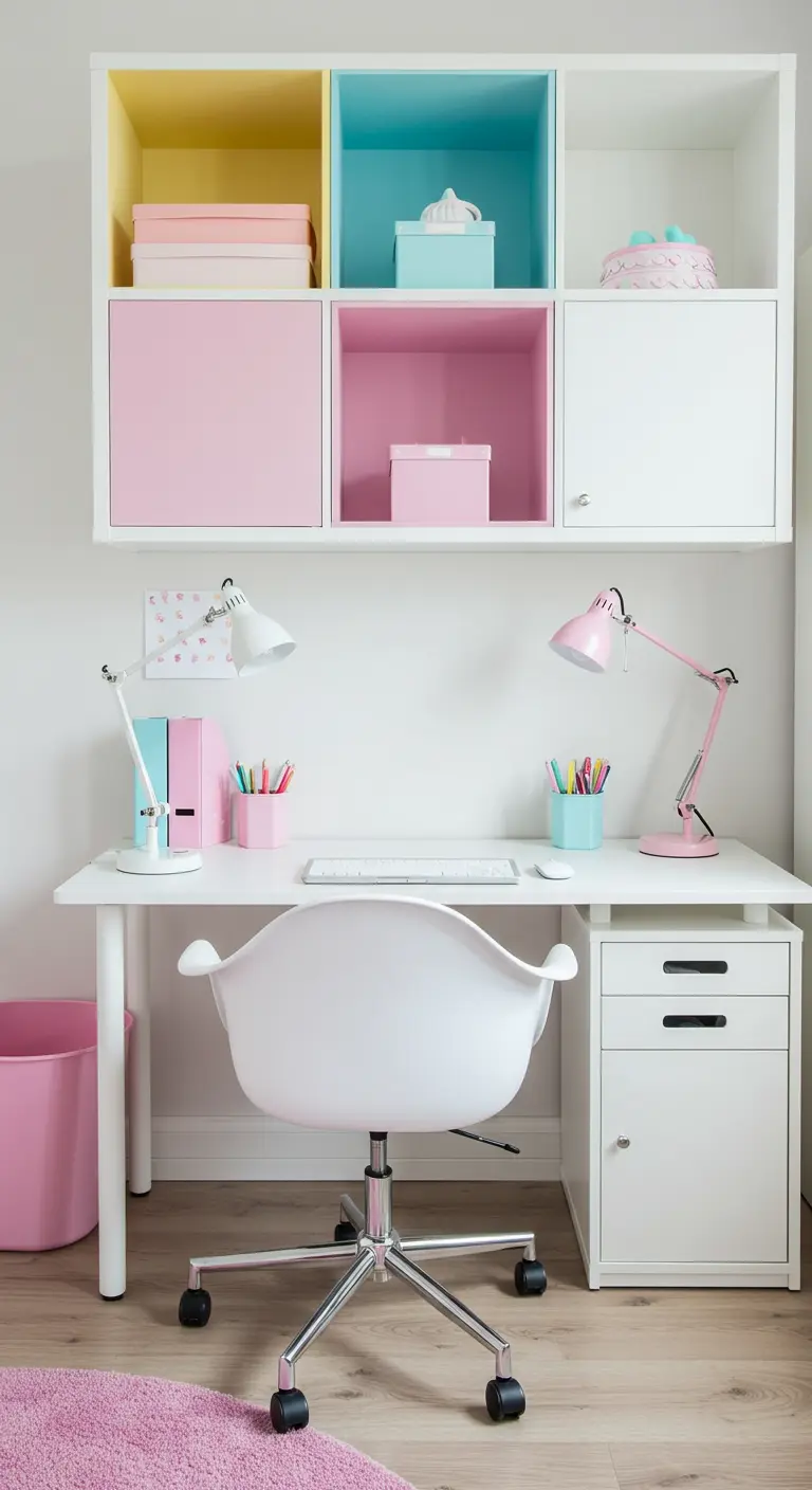 Escritorio blanco con estantería modular superior en cubos de color rosa, amarillo y azul.