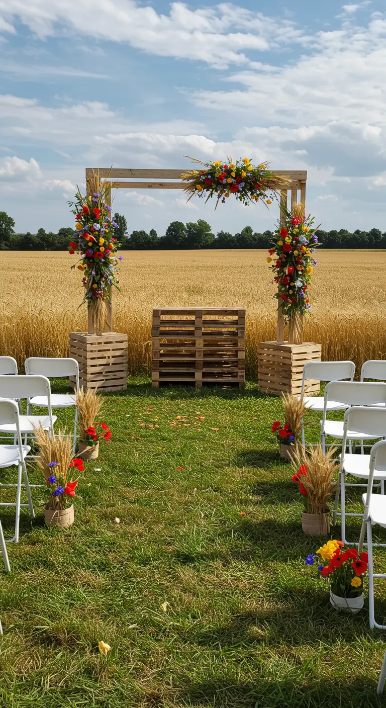 Altar de boda cuadrado con flores de colores vivos sobre cajas de madera en un campo.