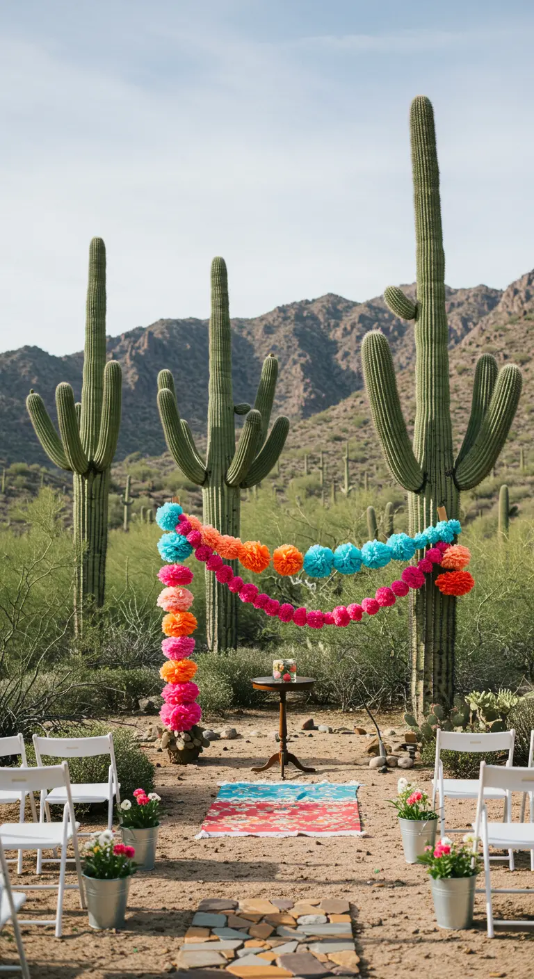 Altar de boda en el desierto decorado con una guirnalda de pompones de papel de colores vivos.