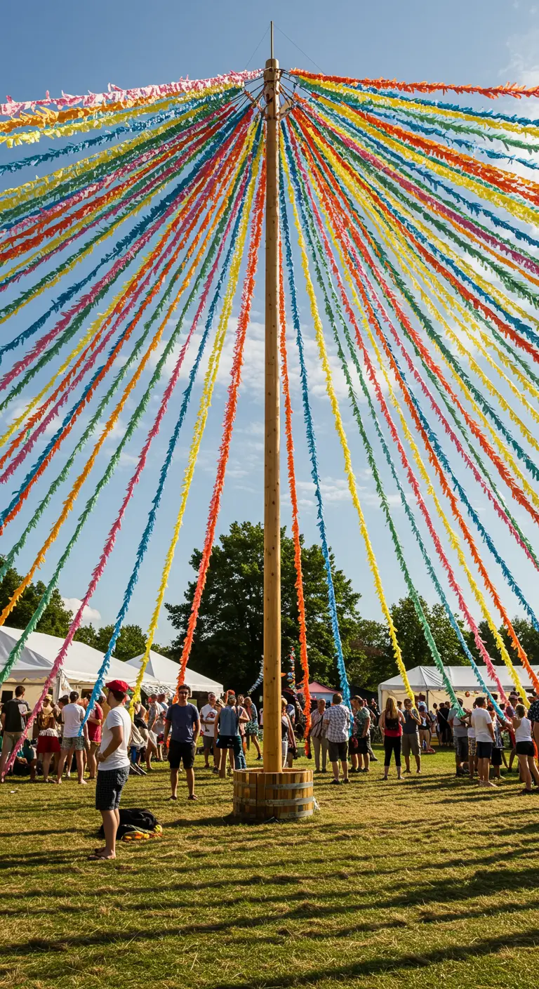 Un poste alto de madera del que caen cientos de cintas de papel de colores en un festival.