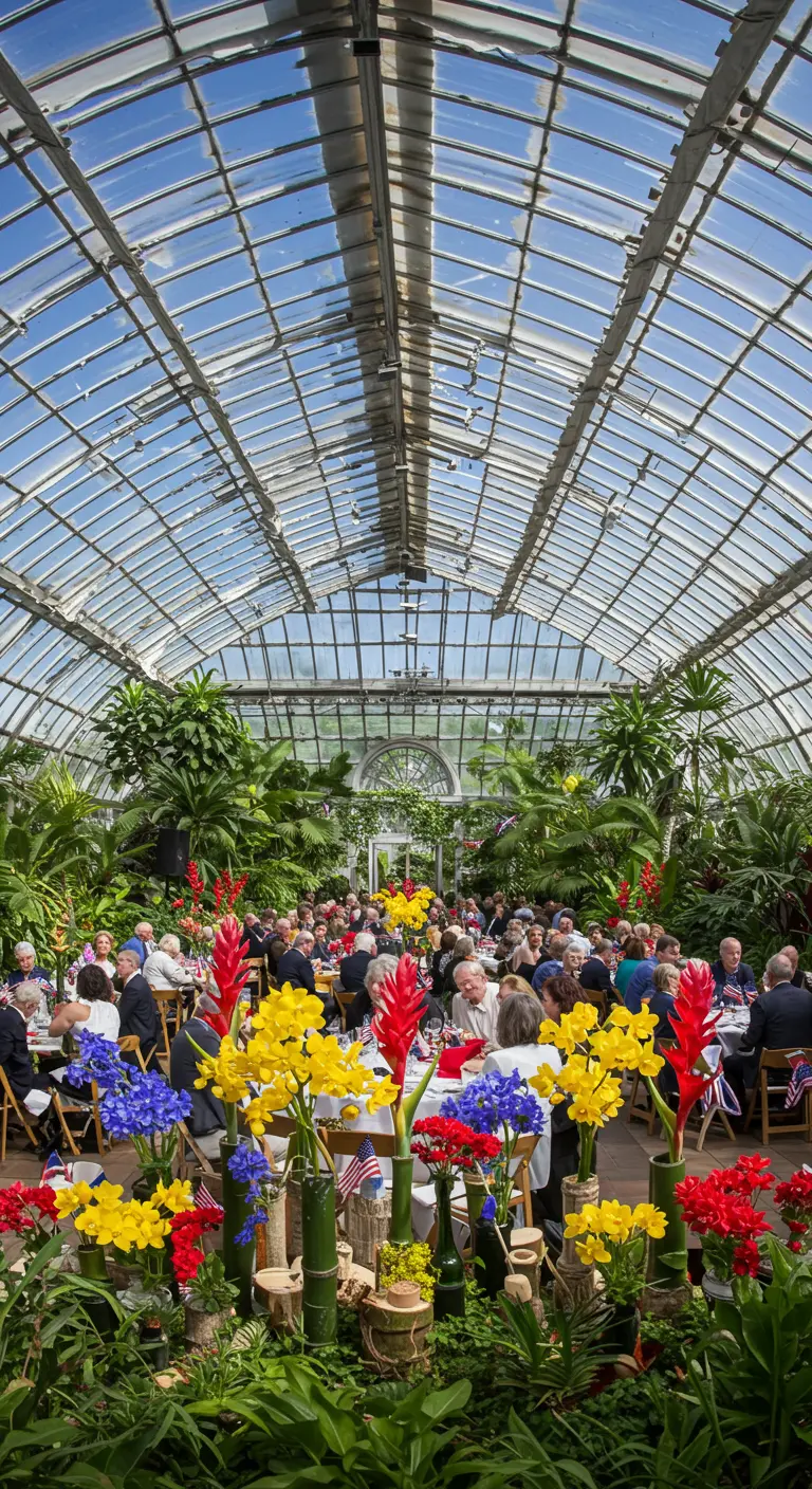 Celebración en un invernadero con centros de mesa de flores rojas, amarillas y azules.