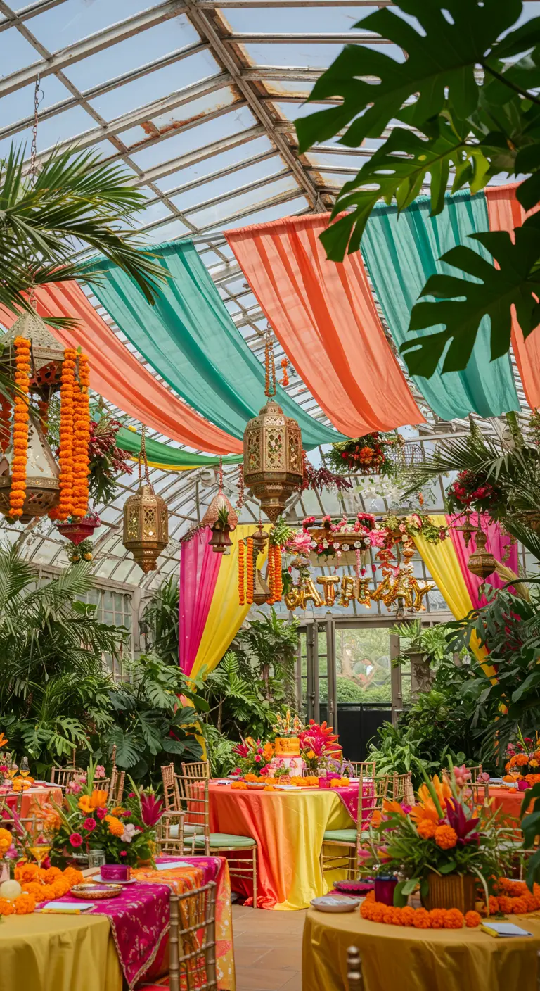 Invernadero decorado para una fiesta con telas de colores colgando del techo y mesas vibrantes.