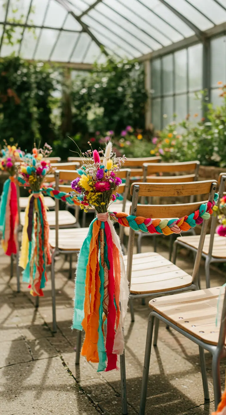 Sillas de madera decoradas con cintas de tela de colores y flores silvestres.
