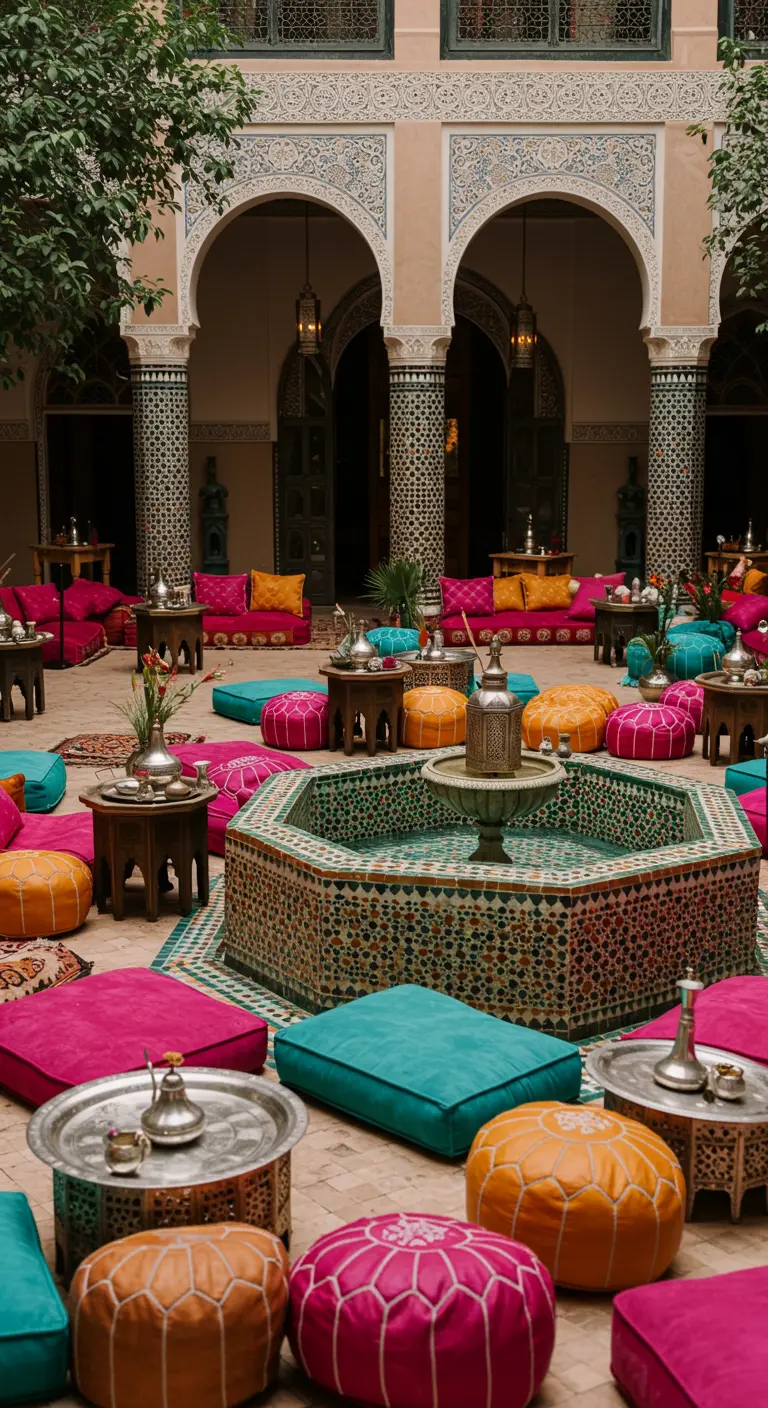 Patio marroquí lleno de pufs y cojines de colores vivos alrededor de una fuente.