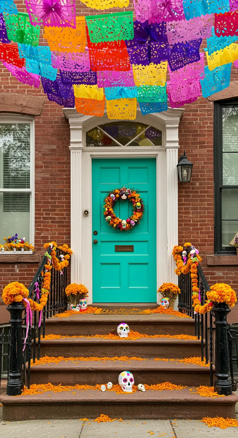Escalera de una casa de ladrillo con puerta turquesa decorada para el Día de los Muertos.
