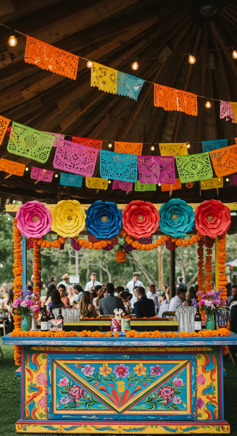 Barra de bar de estilo mexicano, muy colorida, con papel picado, flores de papel y guirnaldas.