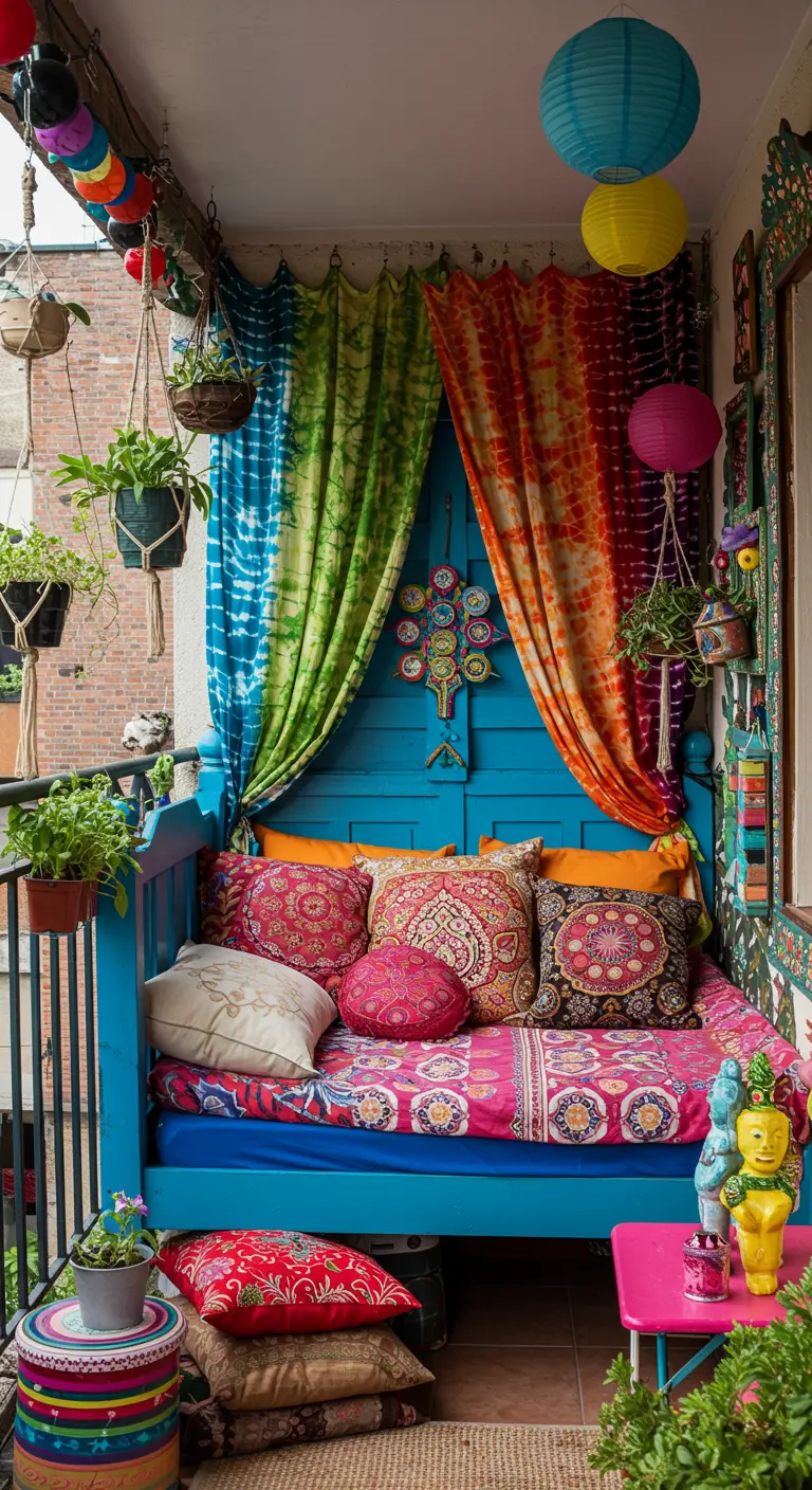 Balcón bohemio con un sofá cama azul, cortinas tie-dye y textiles coloridos.