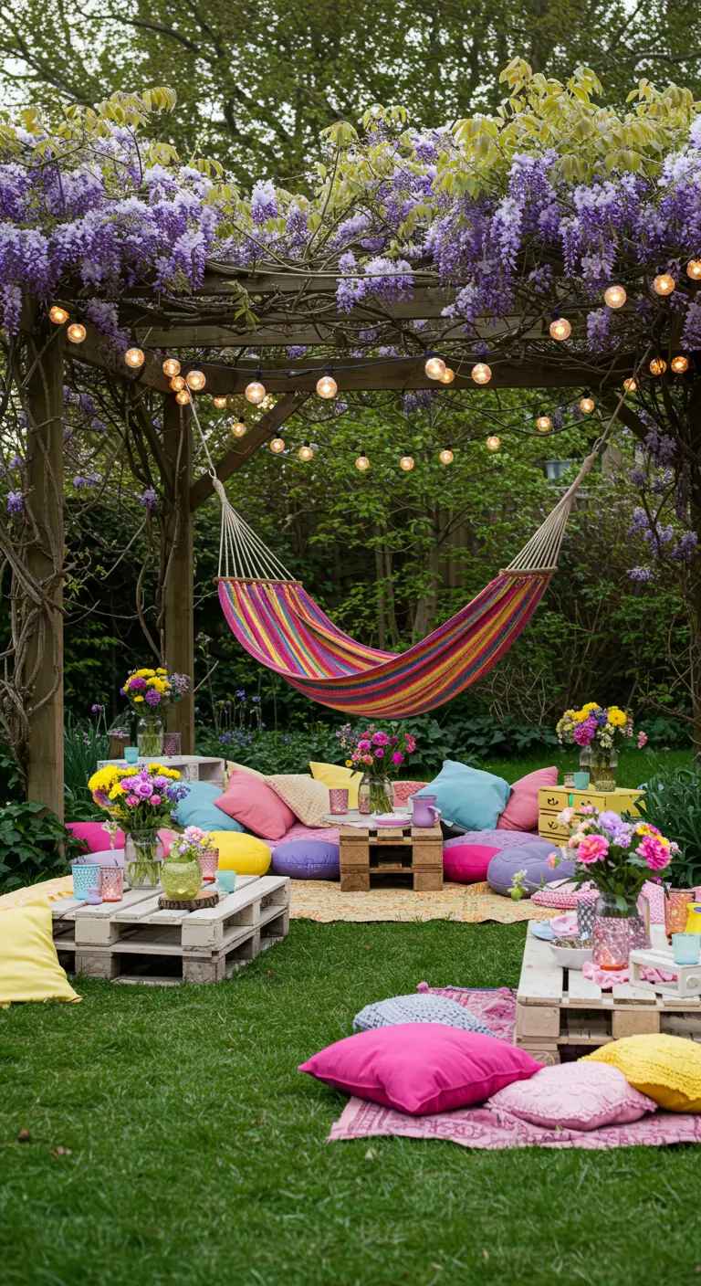 Zona chill-out boho con hamaca de colores, cojines y muebles de palets.
