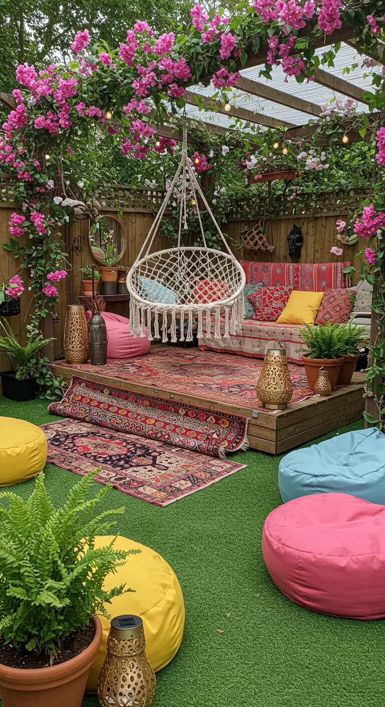 Patio bohemio con césped artificial, sillón colgante, pufs de colores y flores trepadoras