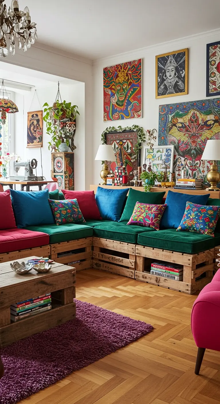 Gran sofá modular en forma de L hecho con cajas de madera y cojines de terciopelo de colores vivos en un salón ecléctico.
