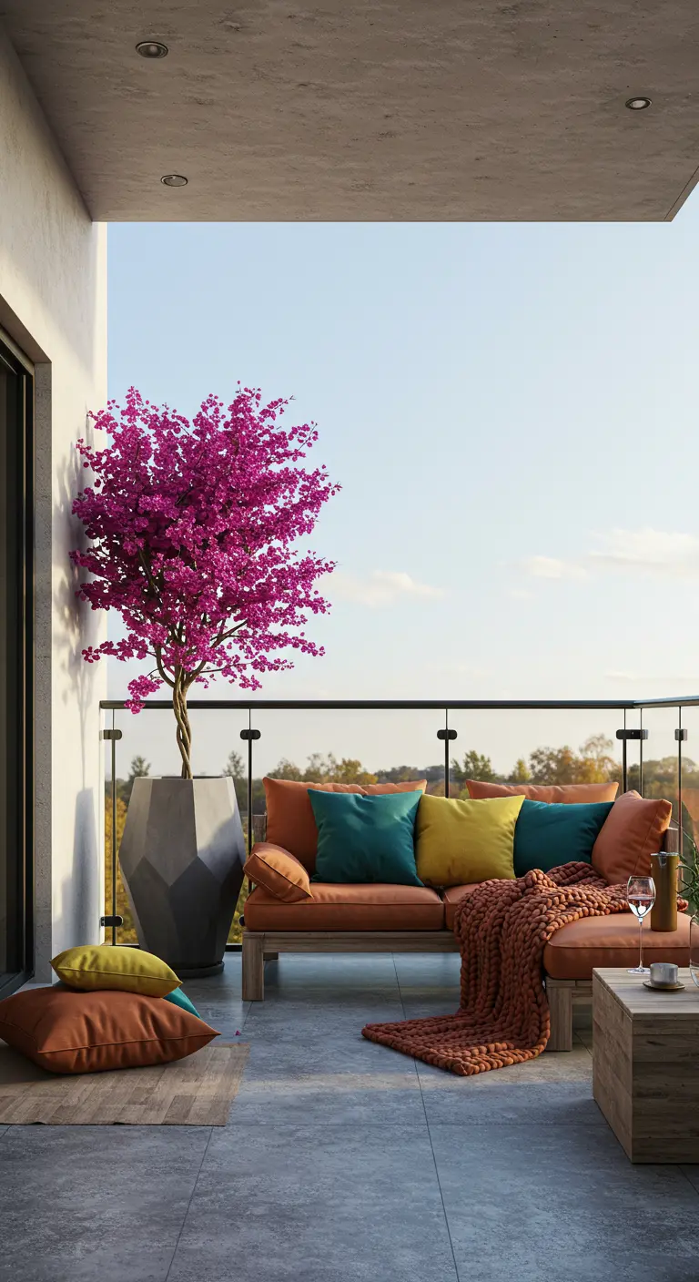 Balcón moderno con sofá, cojines de colores y una buganvilla fucsia en una maceta geométrica.