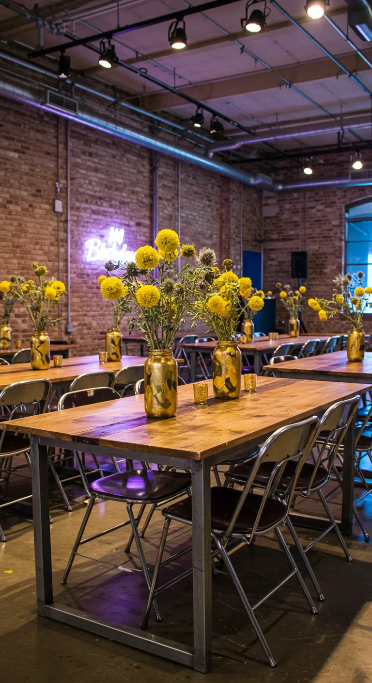 Mesas en un espacio industrial con paredes de ladrillo y centros de mesa amarillos en tarros dorados.