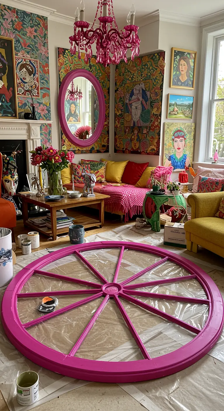 Ventana redonda y grande pintada de rosa fucsia en el suelo de un salón bohemio y colorido