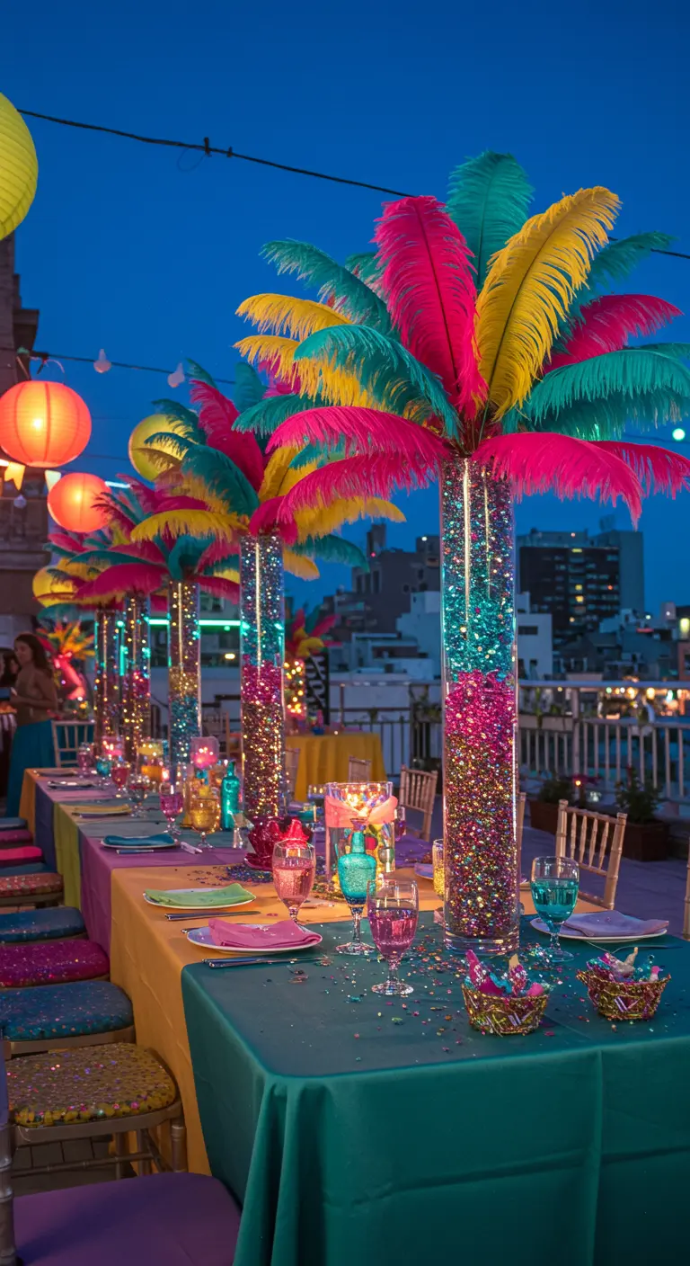 Centros de mesa altos con plumas de colores vivos y purpurina en una fiesta en la azotea.