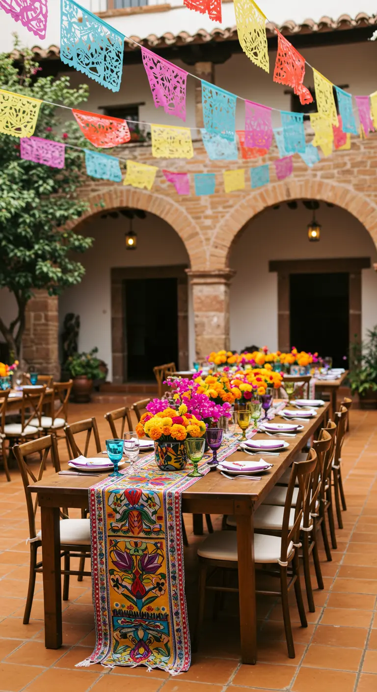 Mesa larga en un patio de estilo mexicano, decorada con flores de colores vivos y papel picado.