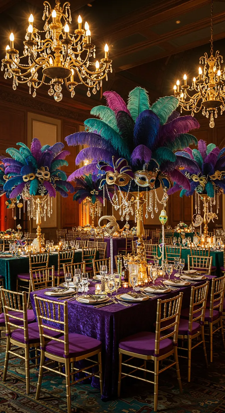 Salón de fiestas decorado con los colores del Mardi Gras: morado, verde y dorado.