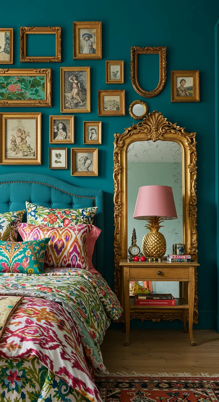 Dormitorio maximalista con pared azul, ropa de cama colorida y una galería de marcos dorados.