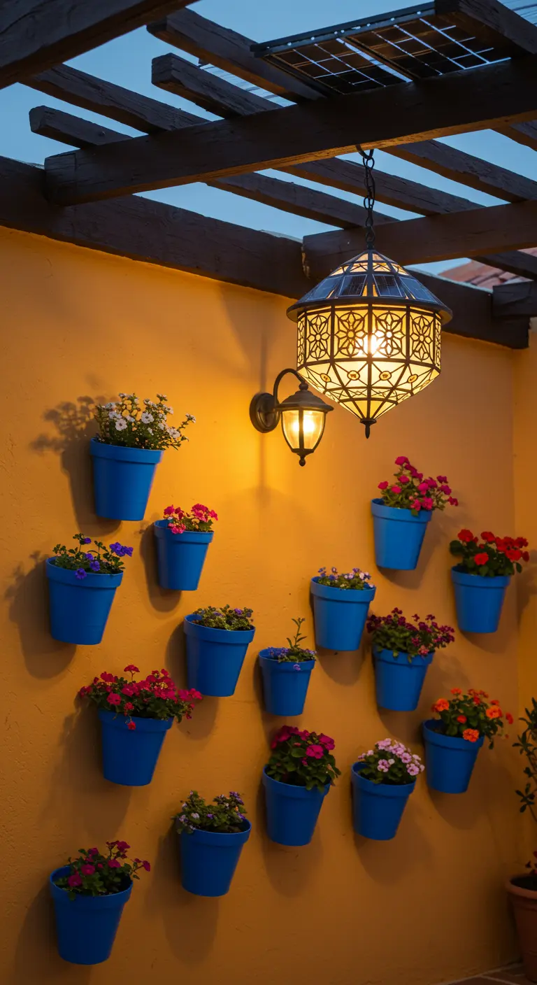 Pared amarilla con macetas azules colgantes y una linterna solar de estilo marroquí.