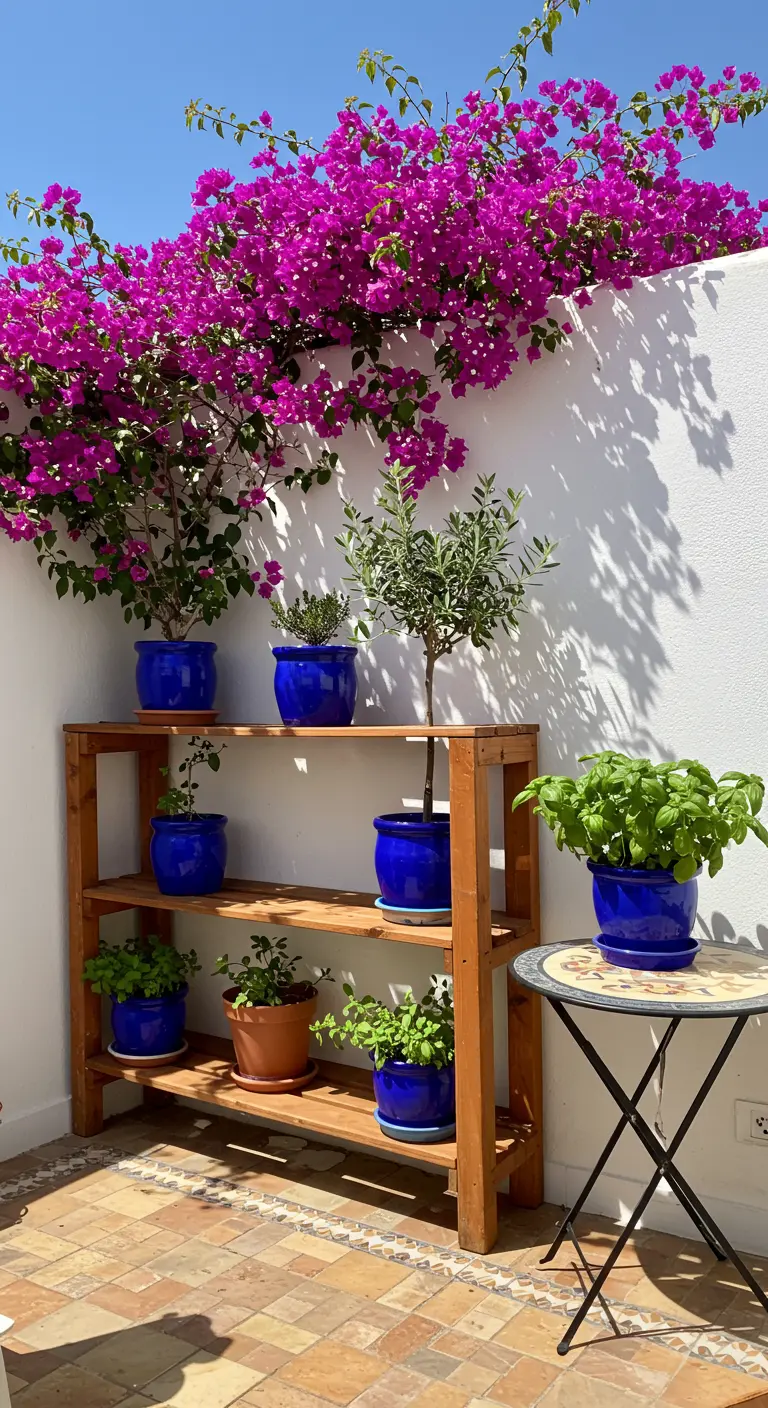 Estantería de madera clara con macetas de cerámica azul brillante y una buganvilla fucsia.
