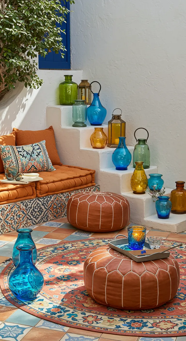 Patio de estilo mediterráneo con cojines naranjas y una colección de jarrones y faroles de colores.