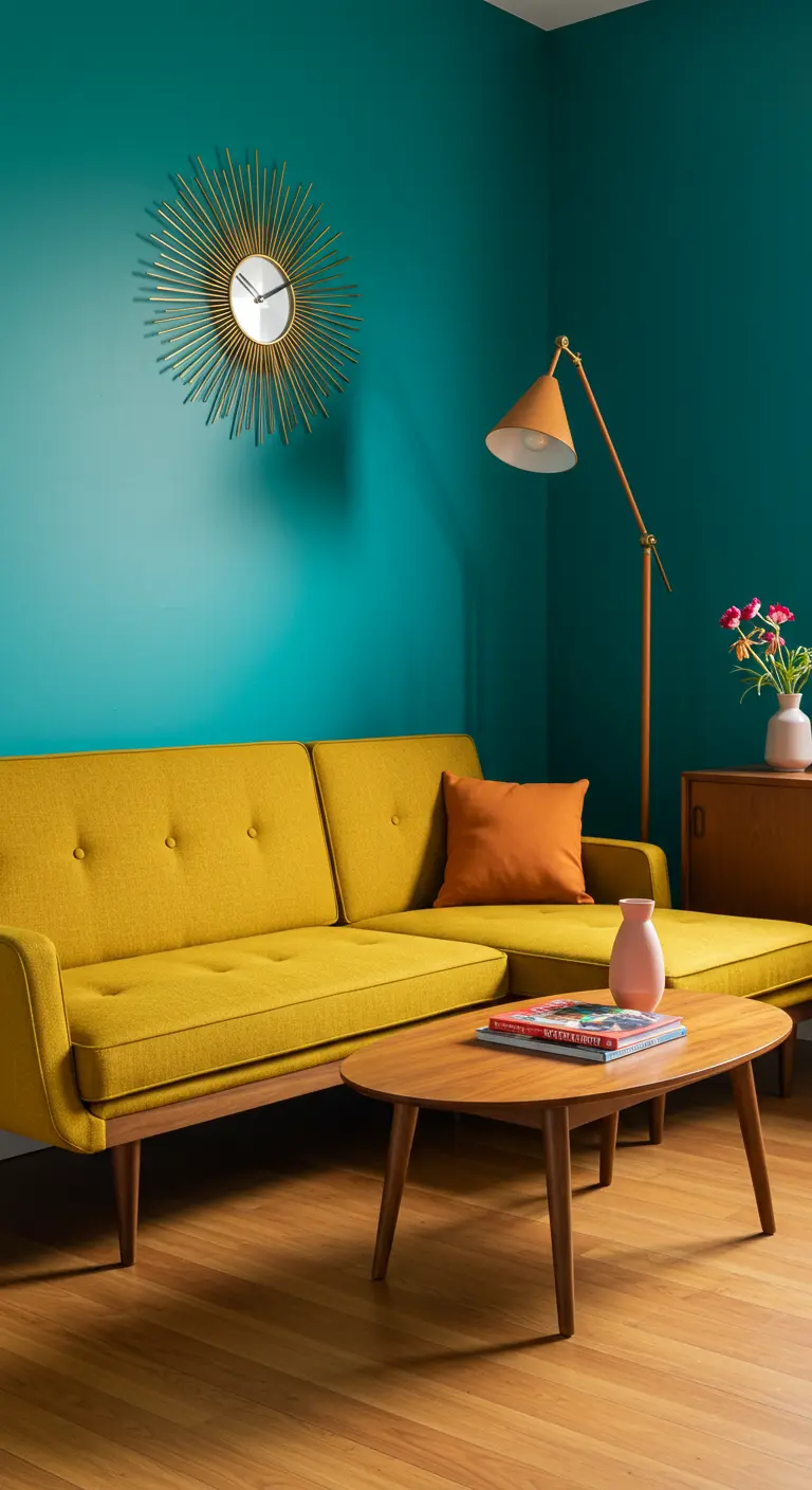 Sofá seccional amarillo mostaza de estilo mid-century contra una pared verde azulado.